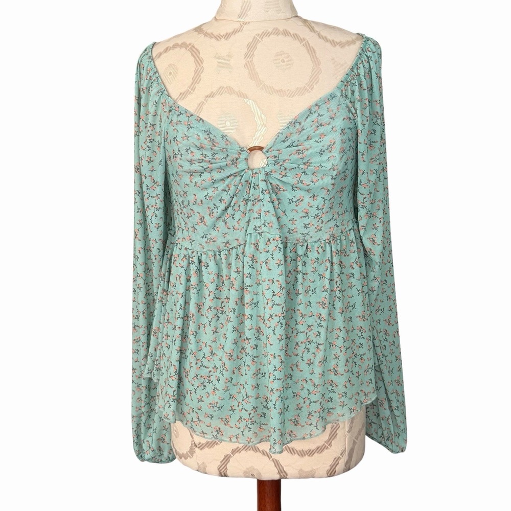 Willow + Root Floral Mesh Long Sleeve O-Ring Sweetheart Top Boho Cottage Core S